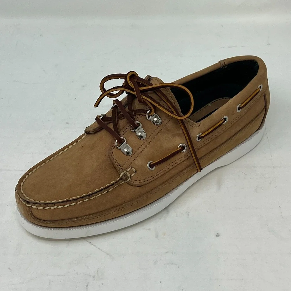Polo Sport‎ Ralph Lauren Boat Shoes Tan Leather Moc Toe Beige Men's 8.5D VTG NEW
